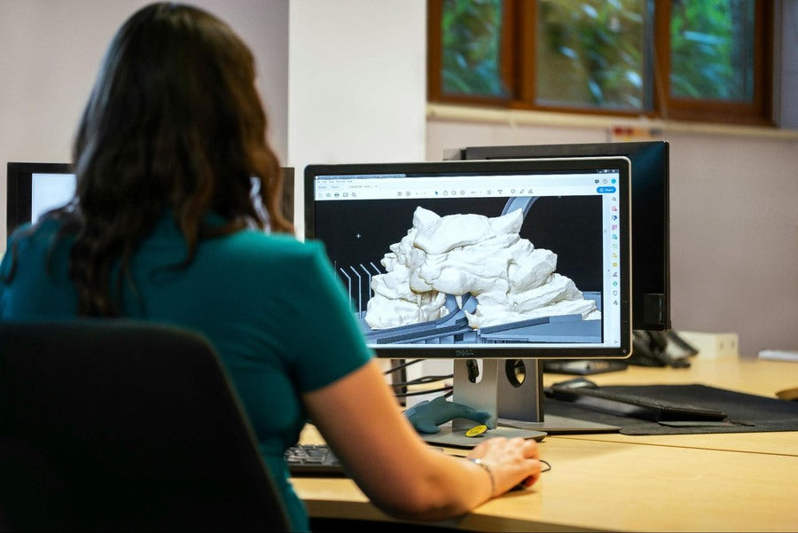An engineer working at a desk using 3D modelling software to render a sculpture of a wild cat