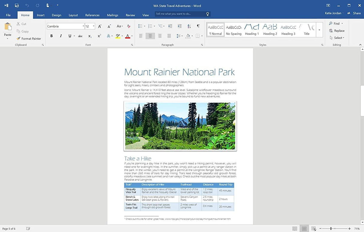 Microsoft Word Mount Rainier example page