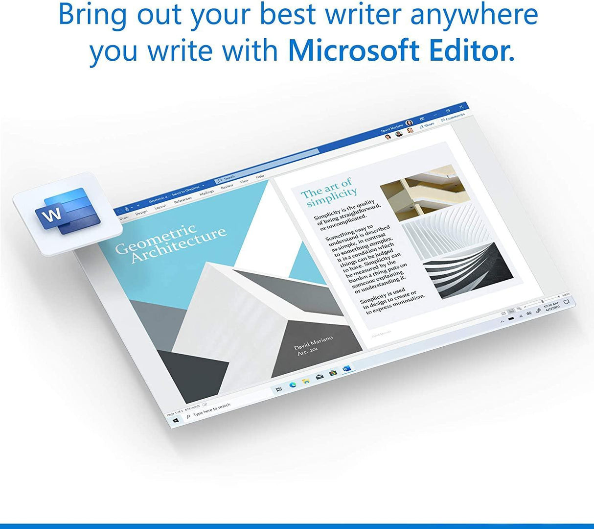 Promo graphic with example pages in Microsoft Editor